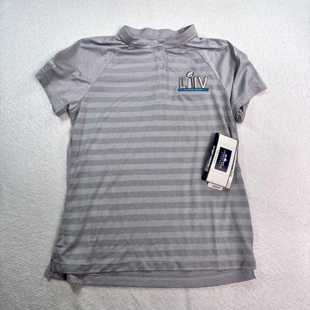 Charles River Apparel LIVV Super Bowl Women's Polo Gray Striped Size Medium NWT